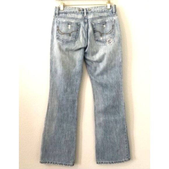 Cest Toi Embroidered Distressed Wide Leg Flare Jeans Jr Size 3 Blue Denim Boho - Picture 9 of 11